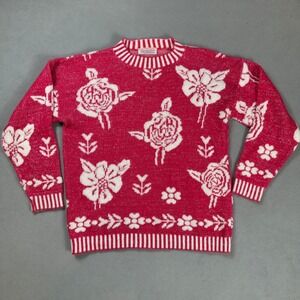 Vintage Glamour Knit Womens Sweater S Made in USA Red Floral Sparkle Mock Neck
